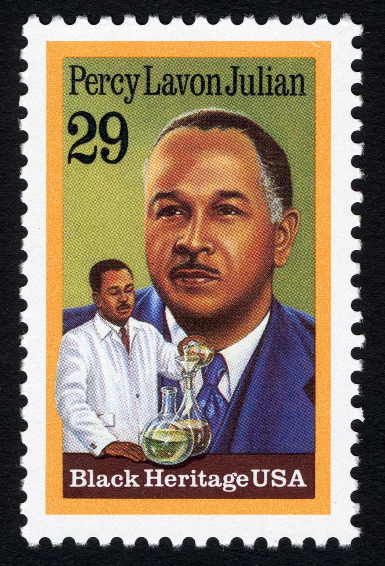 Postage stamp featuring a portrait of Percy Julian and an image of him working with laboratory equipment.