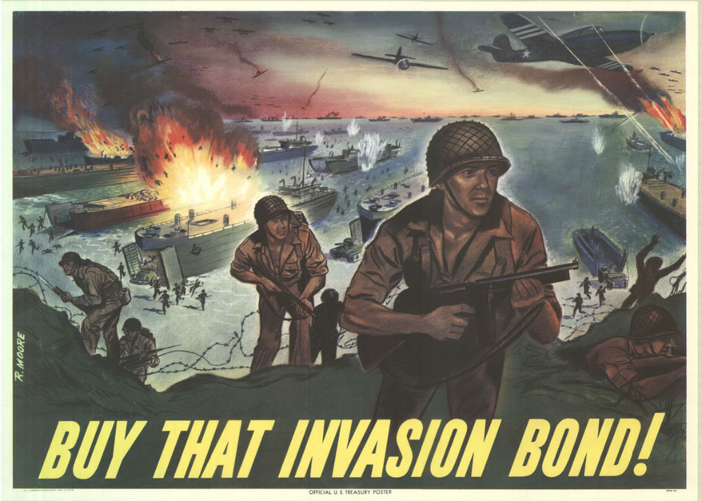 Image: A World War Two war bond poster depicts an amphibious landing, including a Higgins Boat unloading soldiers in the bottom right.