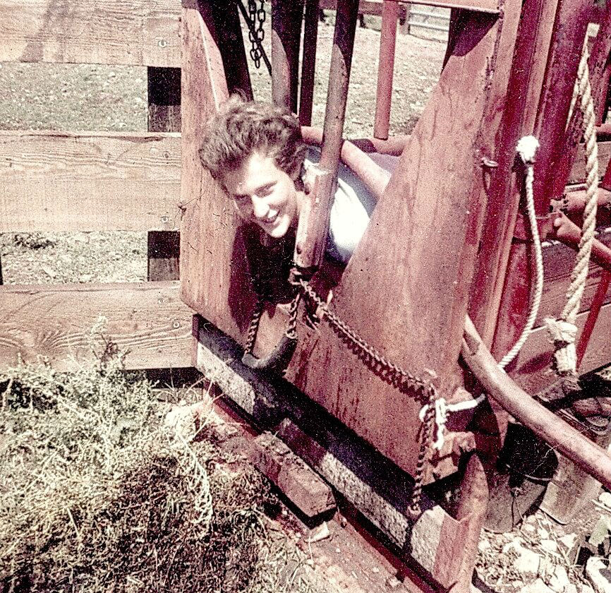 Image: Grandin poses in a cattle squeeze chute which became the model for her “hug box” for calming people with autism, like herself.