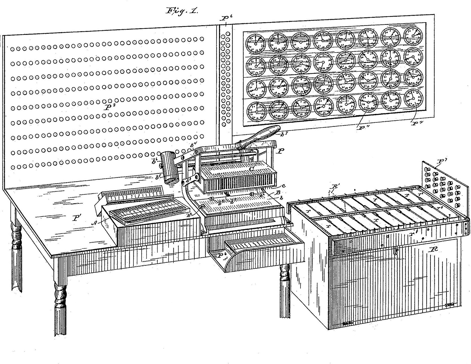 Black and white patent drawing of the Hollerith card puncher, tabulator, and sorting box
