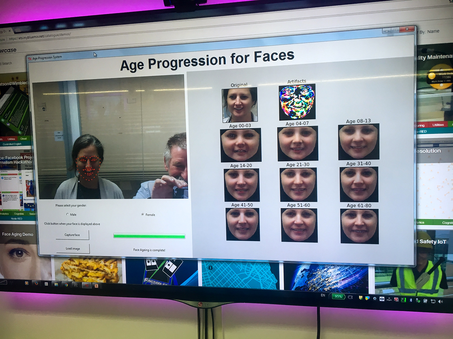 Picture of a computer screen with age progression program open, displaying Susann Keohanes picture and pictoral artifacts and program simulation of her appearance in all of age ranges from 0-3, 4-7, 8-13, 14-20, 21-30, 31-40, 41-50, 51-60, & 61-80.