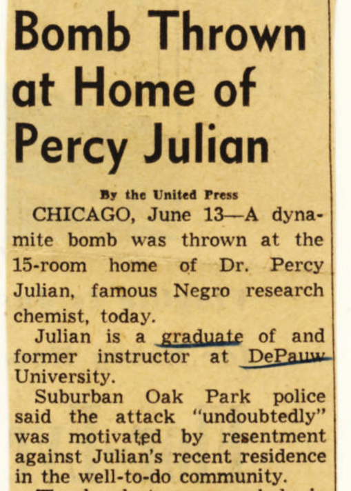 Newspaper clipping with a headline that reads: Bomb Thrown at Home of Percy Julian.