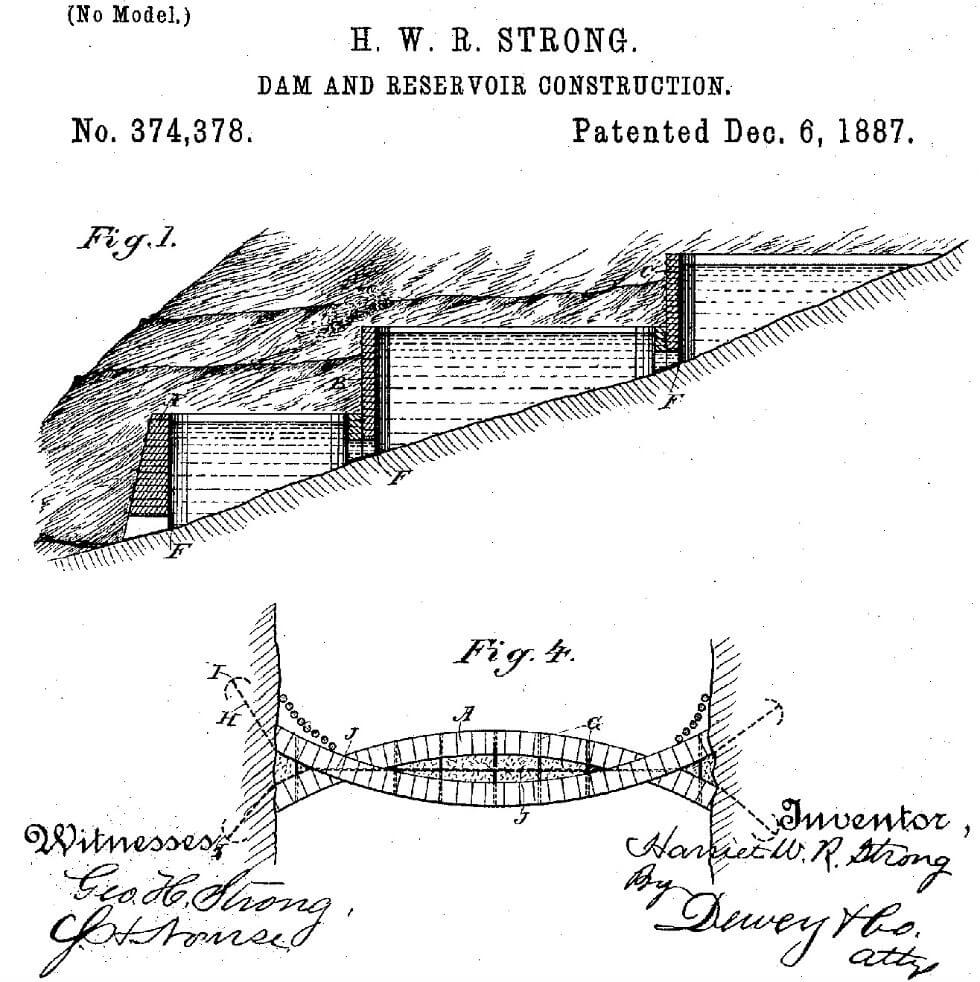 Image: Harriet Strong’s patent for Dam and Reservoir Construction, issued in 1887. Strong ultimately became the named inventor on five U.S. patents