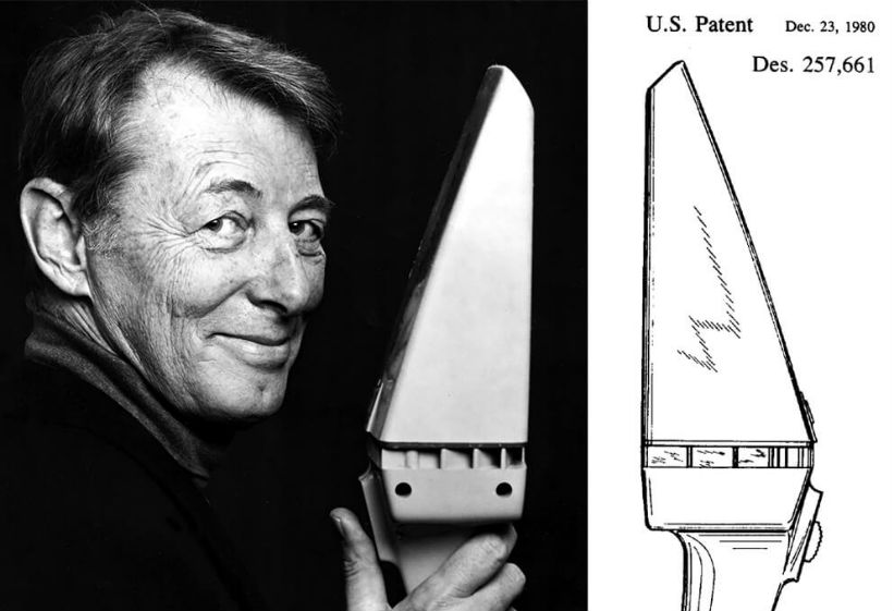 Portrait of lead designer of the Dustbuster (R) Carol Gantz, and the patent drawing for the Dustbuster