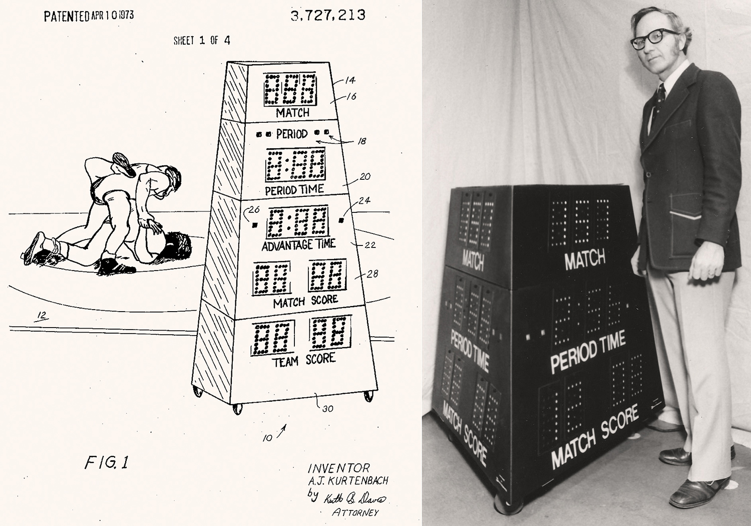 Left image: United States patent number 3,727,213 drawing of Matside wrestling scoreboard with drawing of two wrestlers wrestling 1973. Right image: Al Kurtenbach in suit and tie standing next to Matside scoreboard device in the 1970s. Photo courtesy of Daktronics.