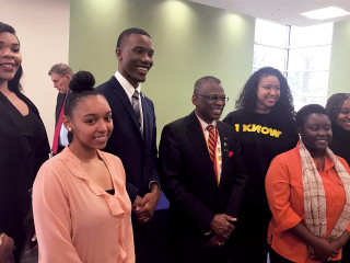 Lonnie Johnson surrounded by attendees at USPTO’s Black History Month Celebration at Clark Atlanta University
