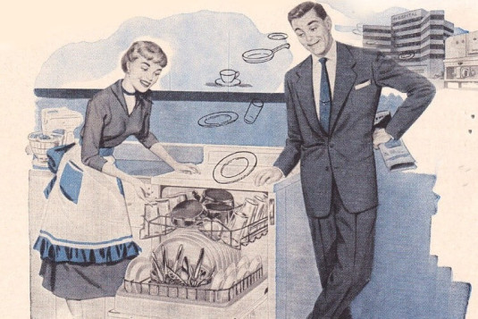 Image: 1950s KitchenAid illustrated advertisement of a housewife and husband excitedly admiring their new dishwasher. I the top right, dishes magically float from a hospital and industrial dishwasher into their household dishwasher.