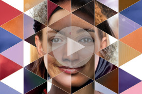 几张女性脸的拼贴画合并成一幅肖像画。视频播放图标覆盖在顶部。