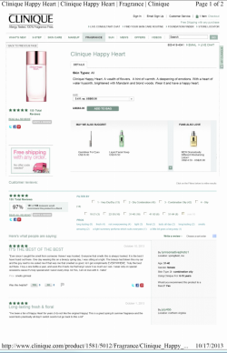 倩碧快乐心标本显示香水的商标用途。样本是消费者可以购买香水的网页截图。商标显示在香水瓶上，并作为产品名称显示在网页的顶部中间。