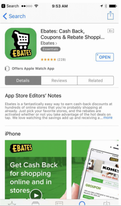Ebates样本显示特定类型可下载应用程序的商标使用。样本是一个应用商店手机屏幕的截图，消费者可以从中下载软件。商标显示在左上角。