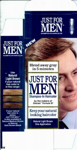 Just for Men标本显示了染发剂的商标用途。样本是一个染发包装的照片。商标在包装上醒目地显示。 