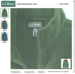 产品网页截图，有三种不同的羊毛背心视图。所选图片是一张缝在领口内侧的标签的特写照片，显示了L.L.Bean商标。该商标也出现在网页顶部。 