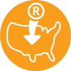 黄色圆圈背景上的白色商标符号，箭头指向美国轮廓内部