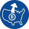 蓝色圆圈背景上的白色商标符号，箭头指向美国轮廓外