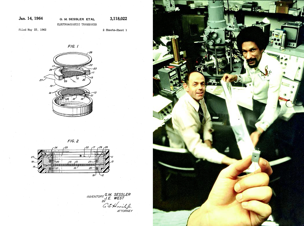 At left: Patent drawing for the electroacoustic transducer; at right: Gerhard Sessler and West in the lab with a hand showing the electret microphone. 