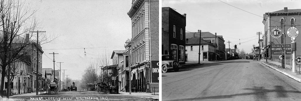  Black and white Main Street photograph showing buildings and horse and carriages in Hagerstown, Indiana, taken in 1909. Black and white Main Street photograph of Hagerstown, Indiana circa 1920s that shows automobiles and gas pump stations.