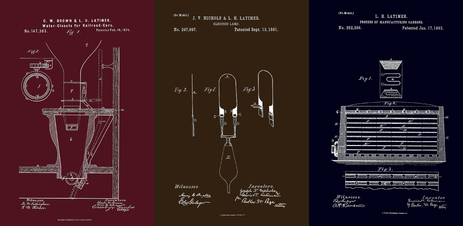 Side by side patent drawings: Water-closets for railroad cars, an electric lamp, and process of manufacturing carbons
