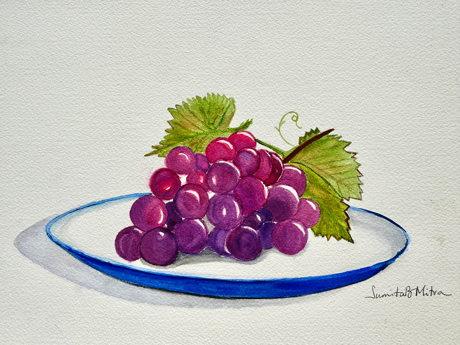 A watercolor painting of a cluster of purple grapes resting on a white plate with blue trim.