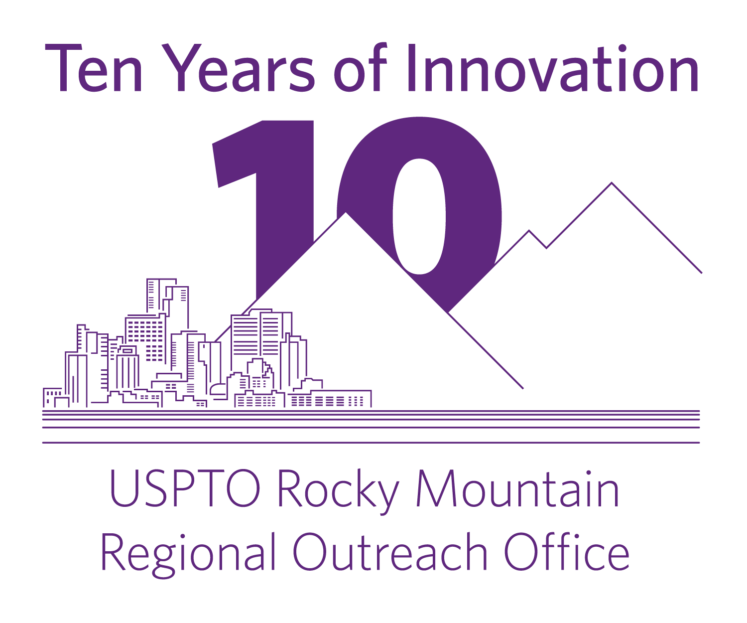 Purple illustrative graphic with a stylized field in the foreground, followed by a cityscape and mountains in the background, along with the text “Ten Years of Impact”, “USPTO Rocky Mountain Regional Office, and the number “10”.