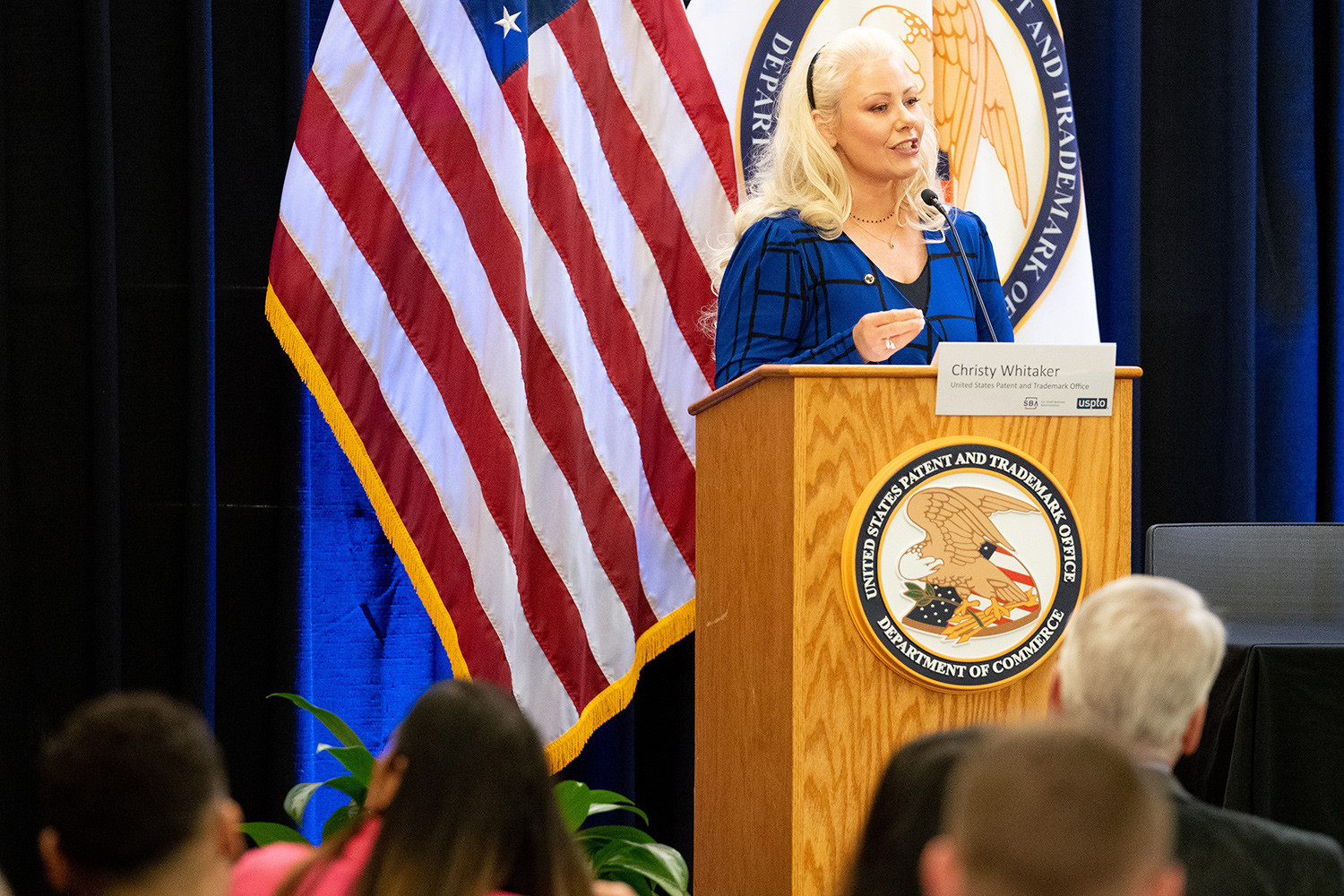 USPTO Public Affairs Specialist Christy Whitaker speaking at Military Entrepreneurship Summit on April 22