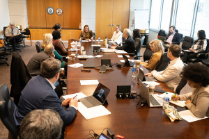 Kathi Vidal sits at the head of a conference table meeting with members of the Patent Public Advisory Committee