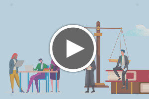 Play button (triangle in a circle) in center of video screenshot: graphic design of three employees at a table, and a judge in robes and man in suit near large law books and scales of justice.