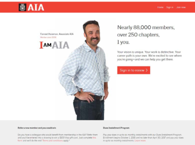 American Institute of Architects website with a middle-aged man standing with his hands on his hips next to the words I am AIA 