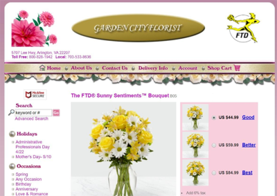 Webpage for Garden City Florist showing the FTD collective mark and logo 