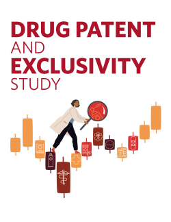 Drug Patent and FDA Exclusivity Study cover page, woman in white lab coat holding red microscope walking across stepping stones that hold science graphics.