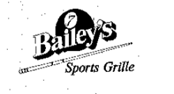 The word “Bailey’s” superimposed in front of a black poll ball with the number 7 on it. Underneath “Bailey’s” is a pool stick slanted at an angle with the words “Sport Grille” underneath.