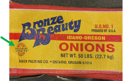 Label from a bag of Bronze Beauty onions displaying the Spanish Sweets logo