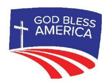 A white cross with the words “GOD BLESS AMERICA” in front of a blue background. Three red stripes curve out at the bottom, giving the appearance of book pages.