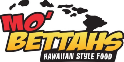 A simplified outline of the Hawaiian islands appears in black above the word “Mo’” in red letters and “Bettahs” in yellow. To the lower right of “Bettahs” is the phrase “HAWAIIAN STYLE FOOD” in white letters. 