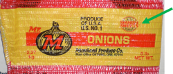 Red and yellow label from a bag of Mr. M Onions showing the Spanish Sweets mark 