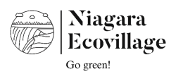 The words “Niagara Ecovillage” appear in large, black text to the right of a solid black vertical line. To the right of this line is a circle with a drawing of a waterfall inside. At the bottom of the image are the words “Go green!” 