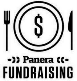 A drawing of a plate with a dollar sign in the center flanked by a black knife on the right and a black fork on the left. Under the plate are the words “Panera” with leaf designs to the left and right of this word. The word “FUNDRAISING” is at the bottom edge of the image. 