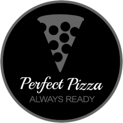A gray-colored pizza slice hovers in the top third of a black circle. Under this are the words “Perfect Pizza” in cursive font with white letters and “ALWAYS READY” in gray.
