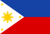  菲律宾国旗是一面水平的双色国旗，由皇家蓝和深红色等边组成，升旗时有一个白色的等边三角形。三角形的中心是一个金色的太阳，有八条初级光线，三角形的每个顶点是一个五角的金色恒星。